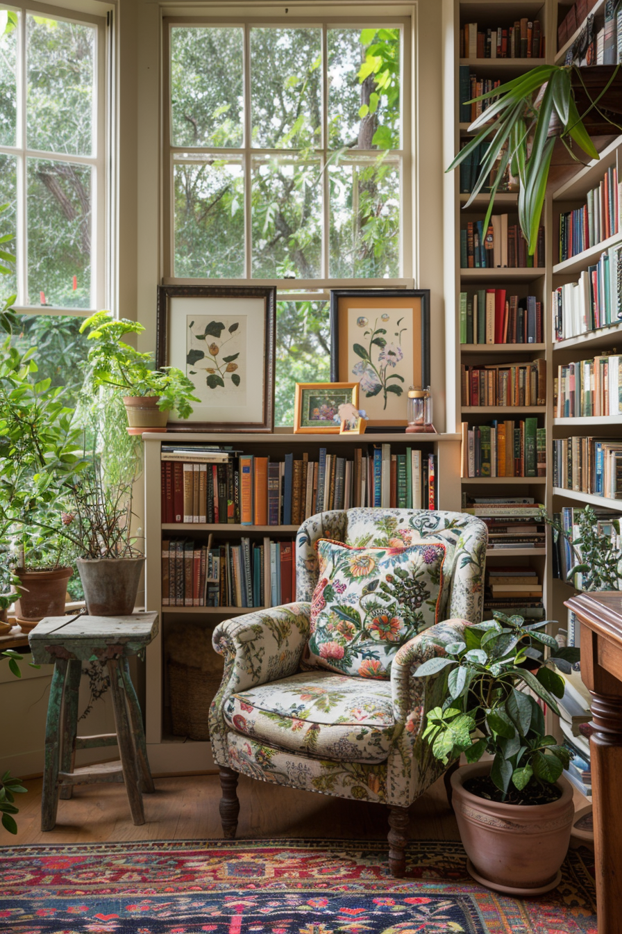 A cozy cottage-style home library.