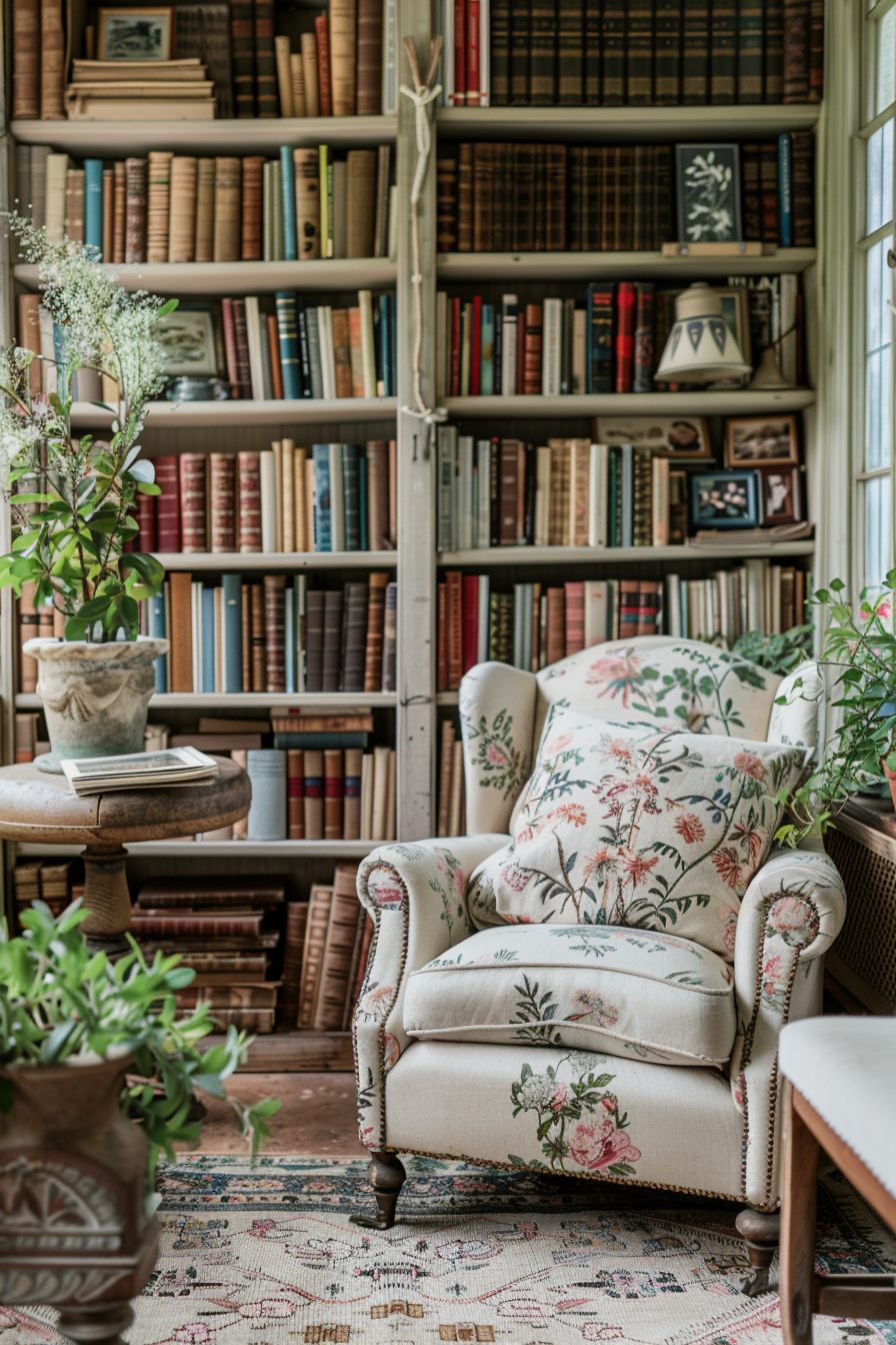 A cozy cottage-style home library.