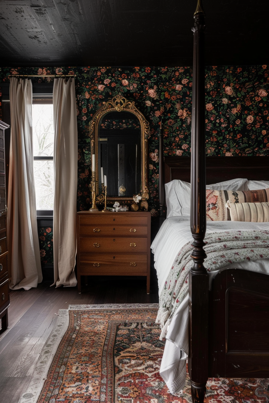 Dark, textured wallpaper adds depth