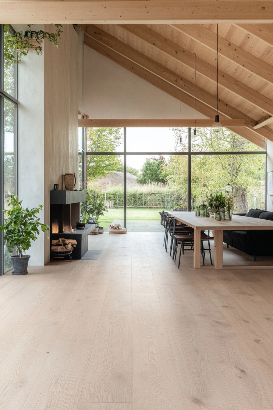 Open-plan living area with continuous light oak flooring