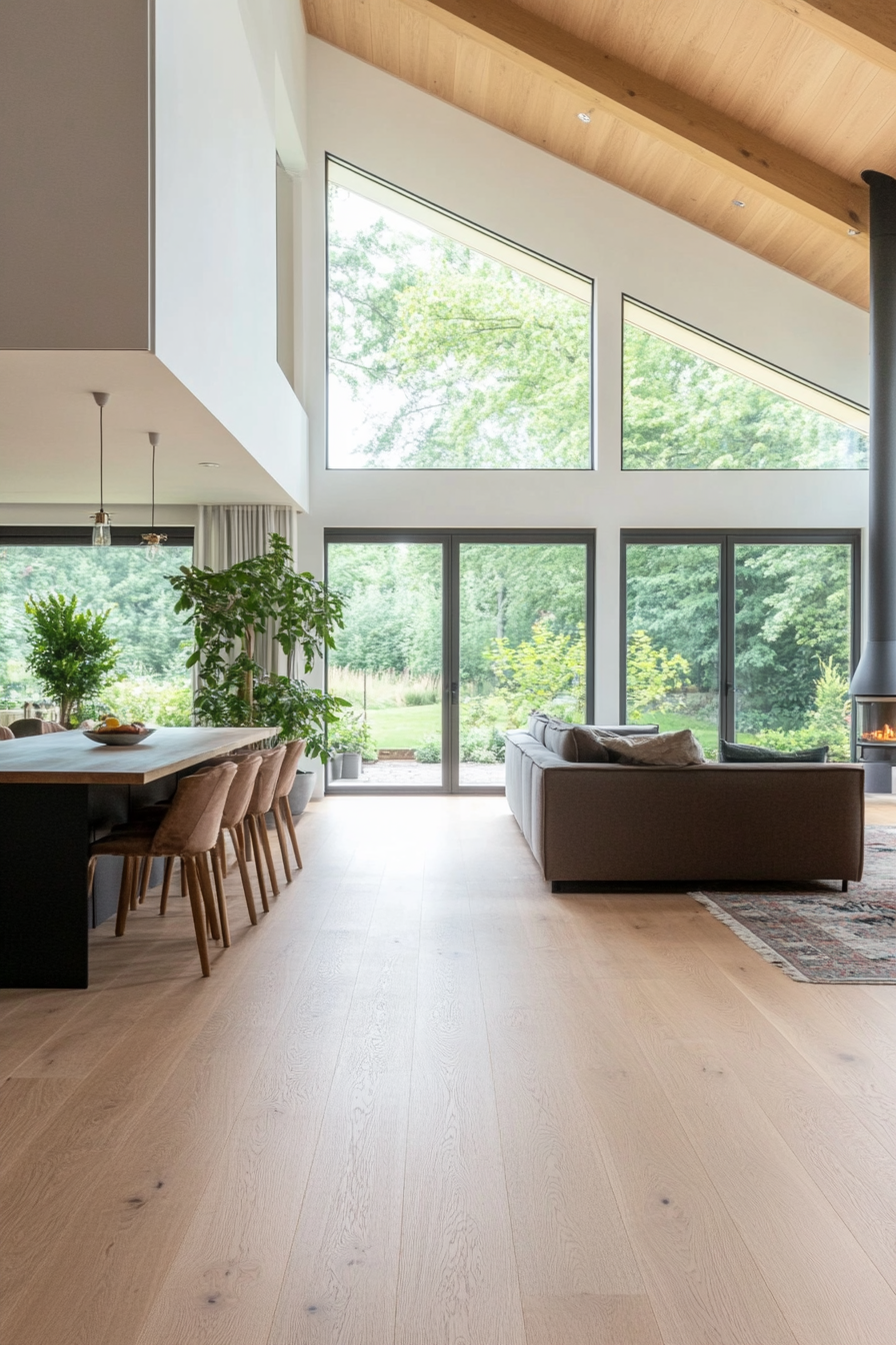 Minimalist fireplace and indoor plants in an open-plan living area