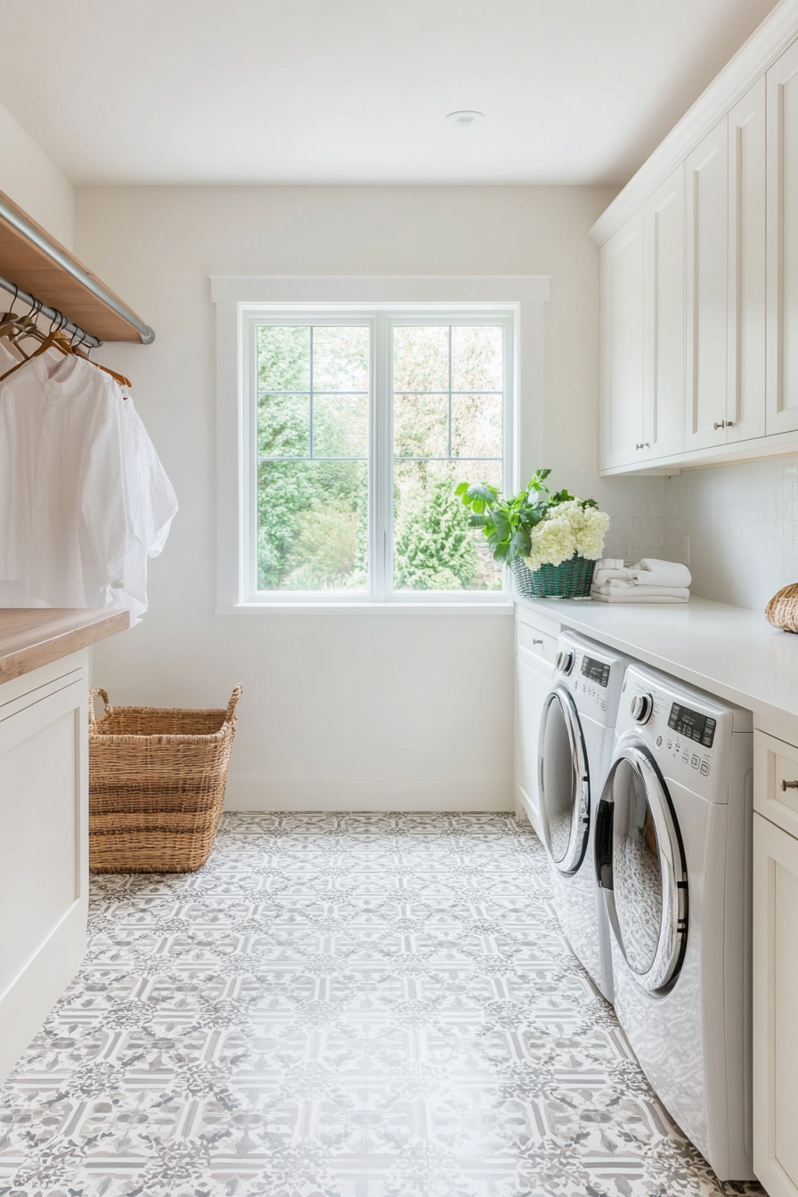 Laundry room with patterned porcelain tile flooring