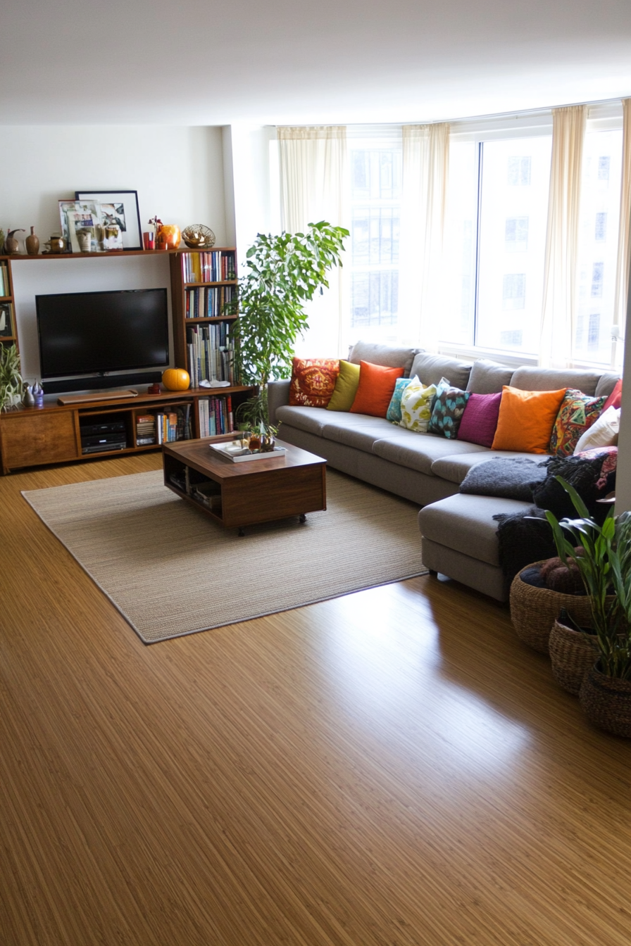 Colorful throw pillows and potted plants in a living room with bamboo flooring
