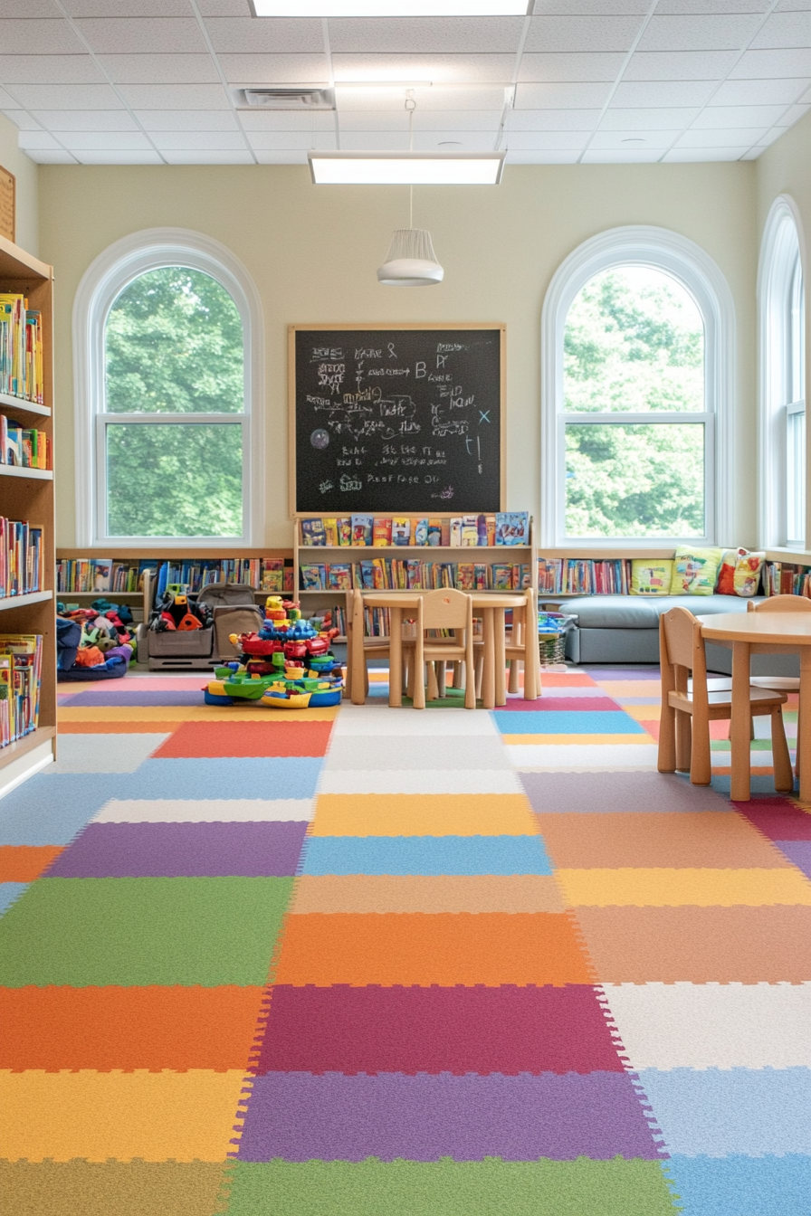 Soft play mat and reading nook in a playroom with carpet tiles