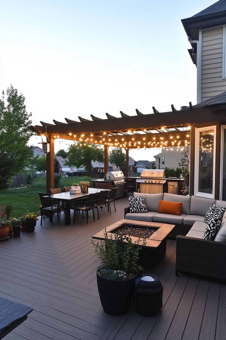 Outdoor furniture and fire pit on a backyard patio with composite decking