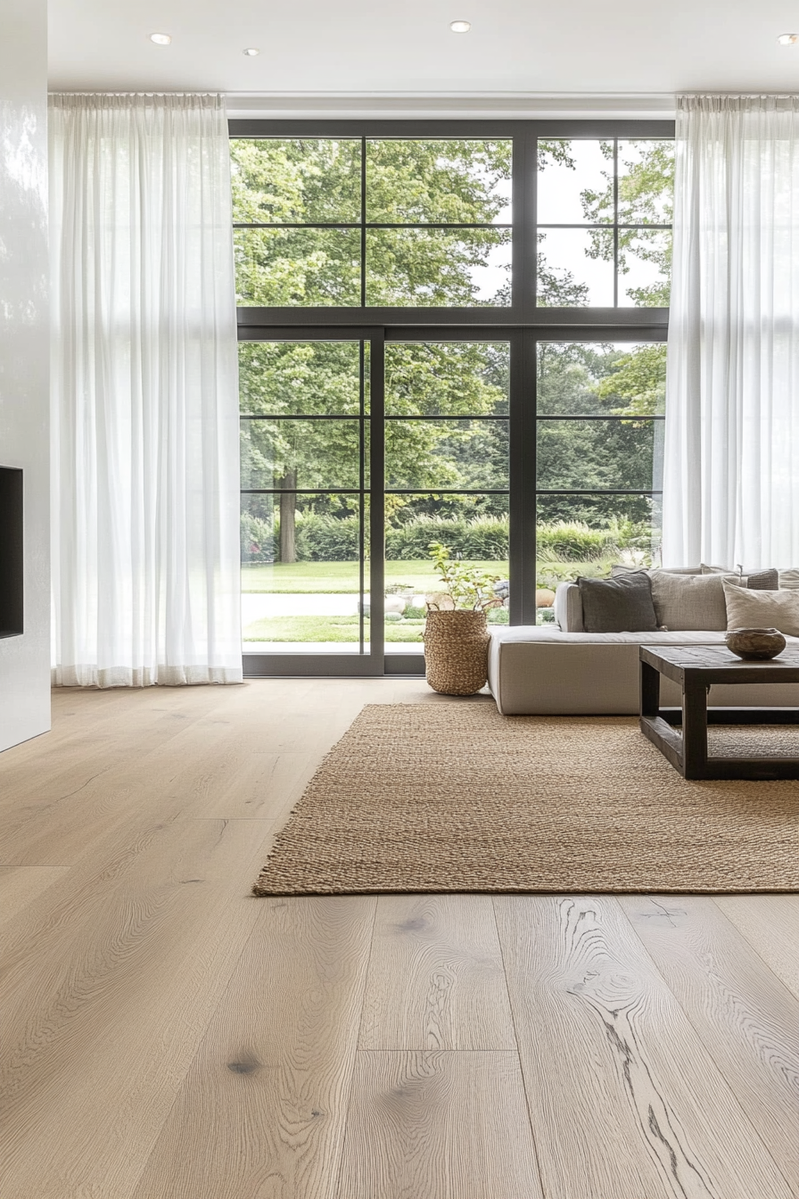 Living room with wide plank white oak flooring