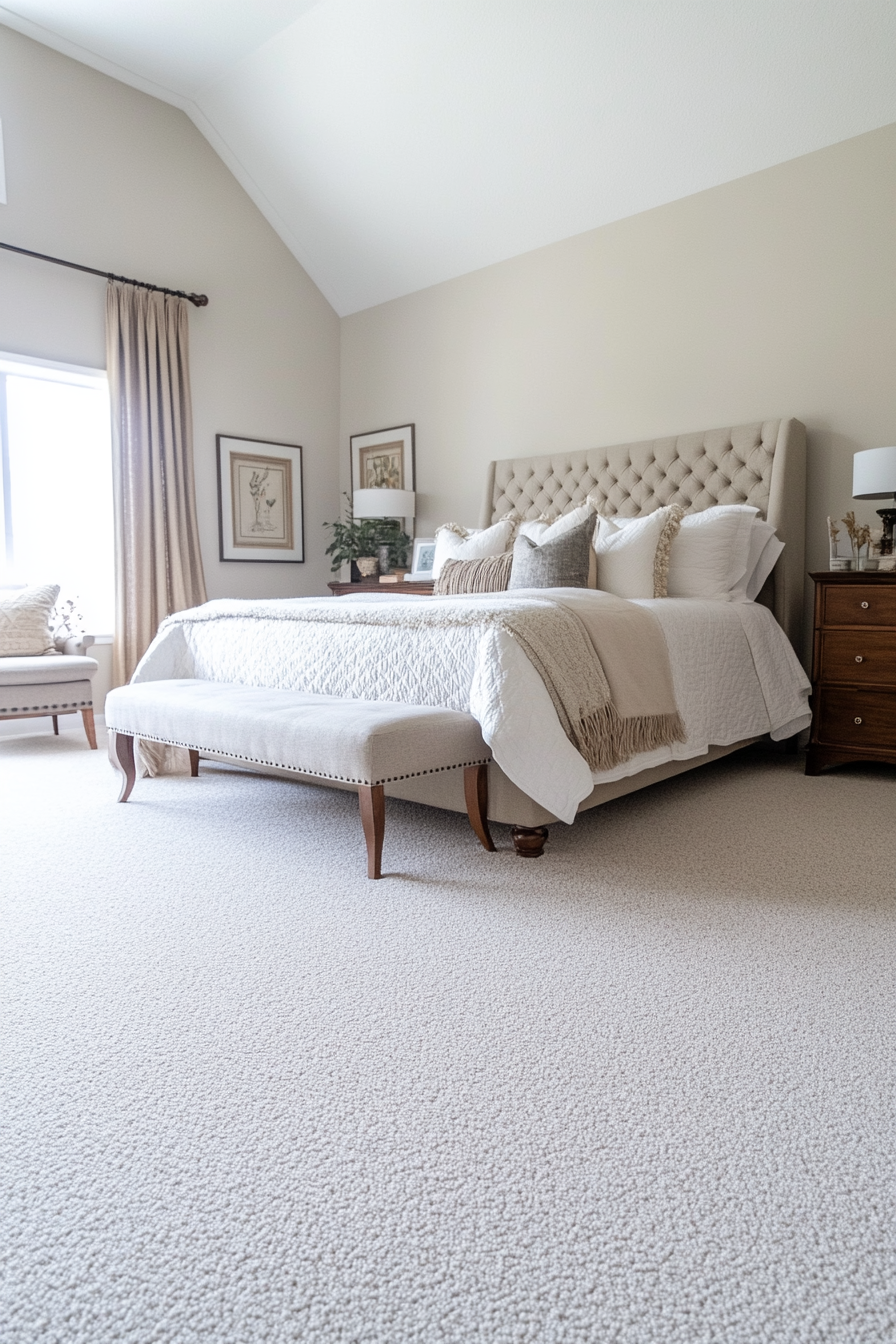Bedroom with plush, neutral-toned carpet