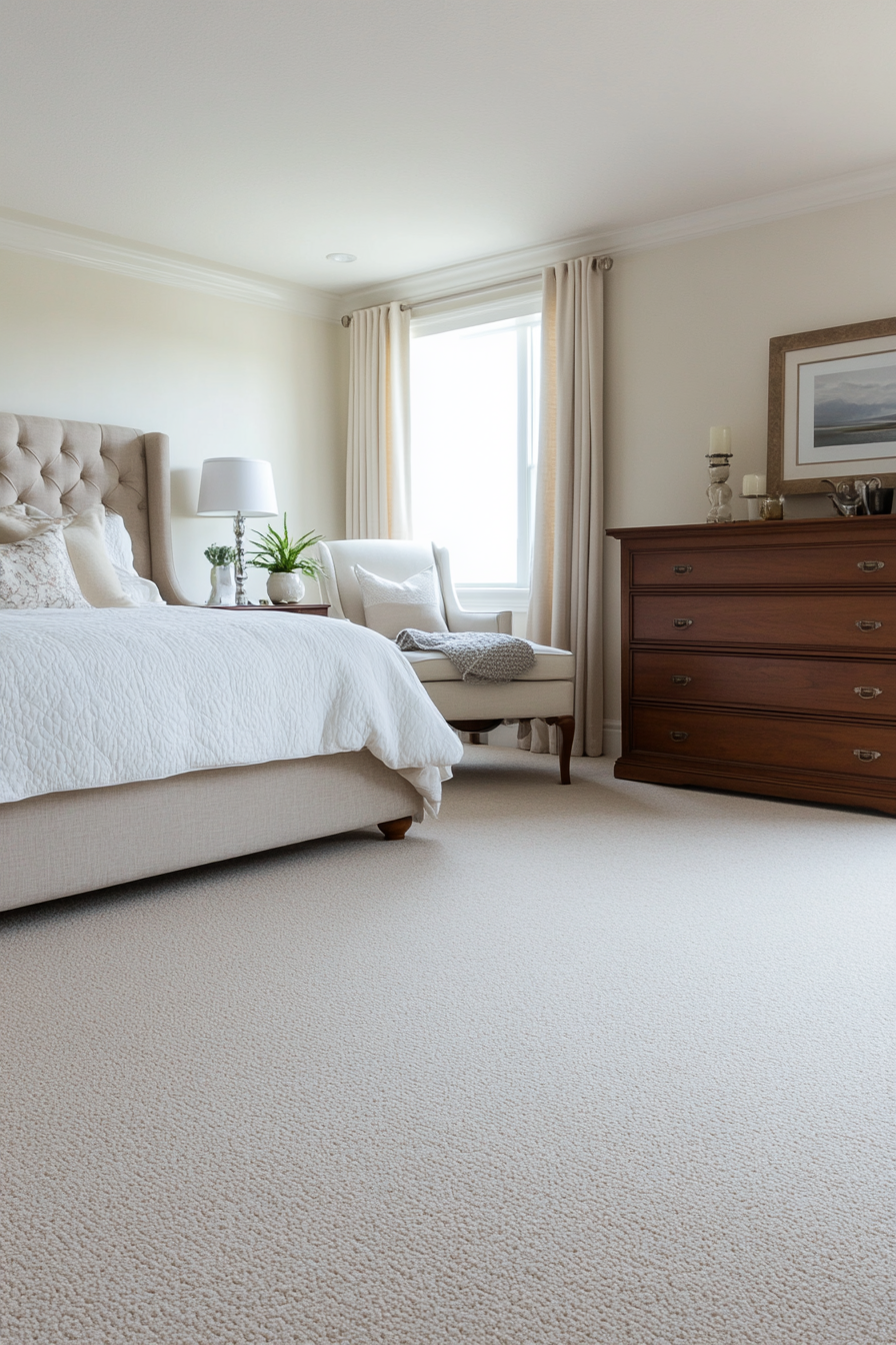 Wooden dresser and reading nook in a bedroom with plush carpet