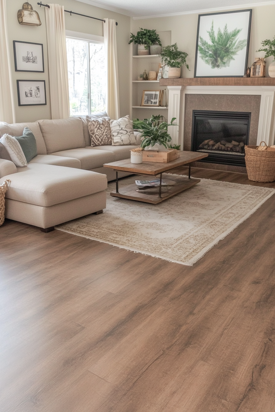 Living room with luxury vinyl plank flooring in warm brown tone