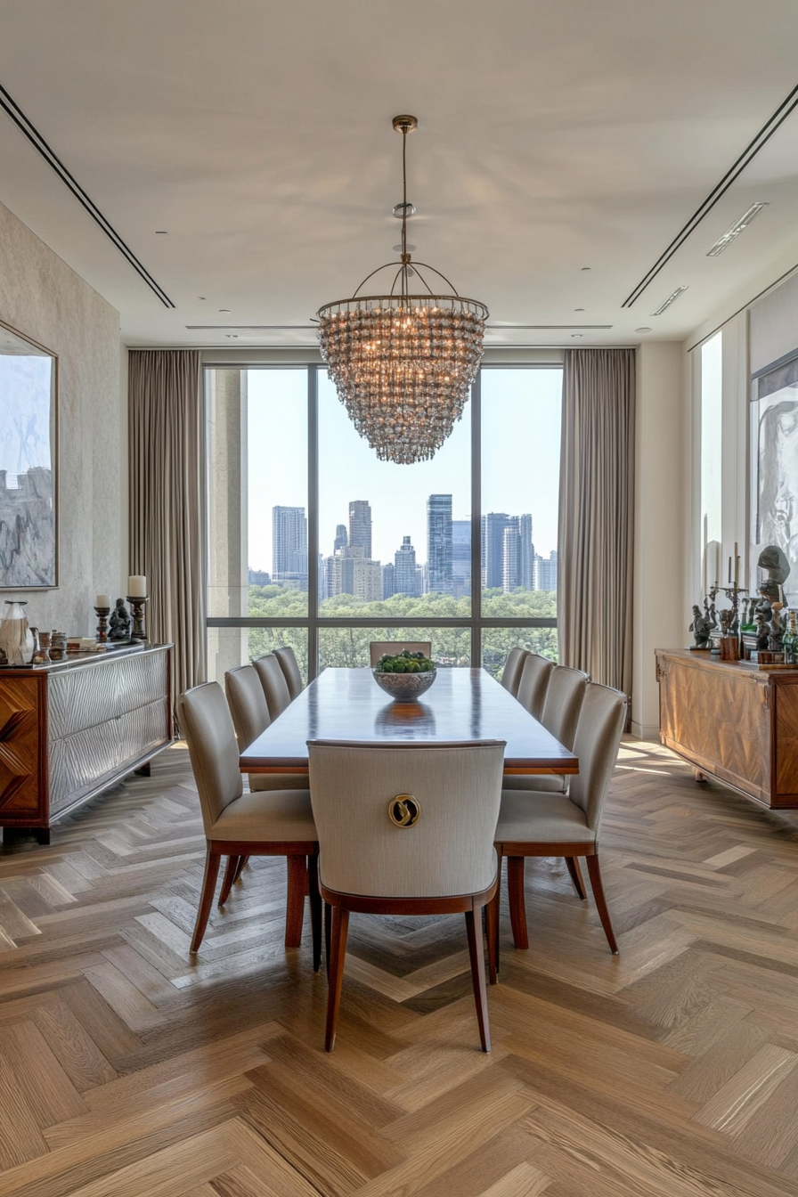 Dining room with parquet flooring in chevron pattern