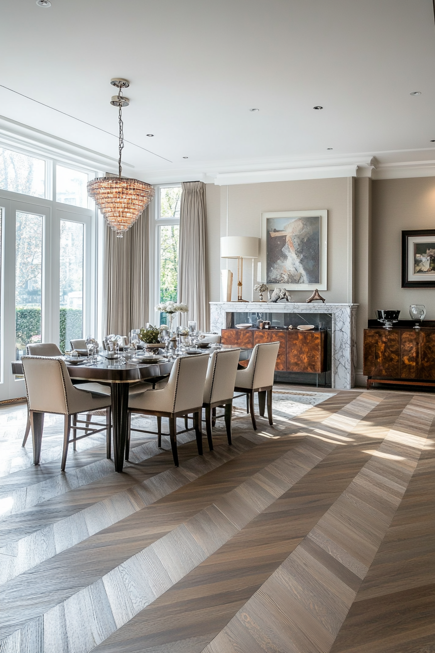 Elegant dining room with marble fireplace and art pieces