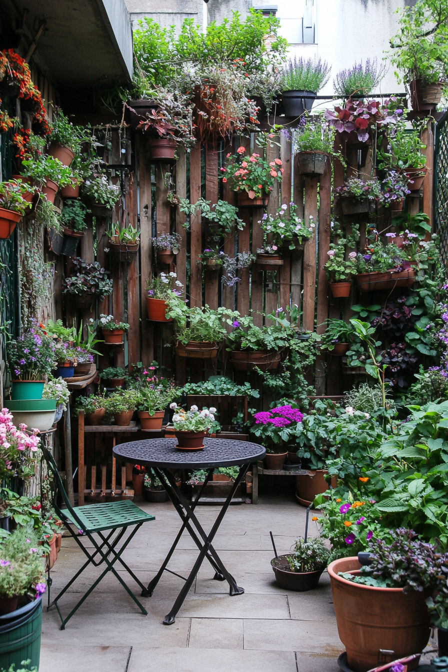 Small garden with vertical plant stands and hanging baskets