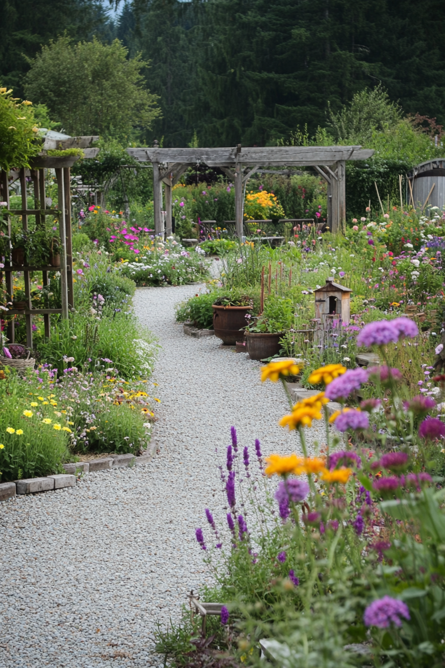 Cottage garden with flowers, herbs, and shrubs