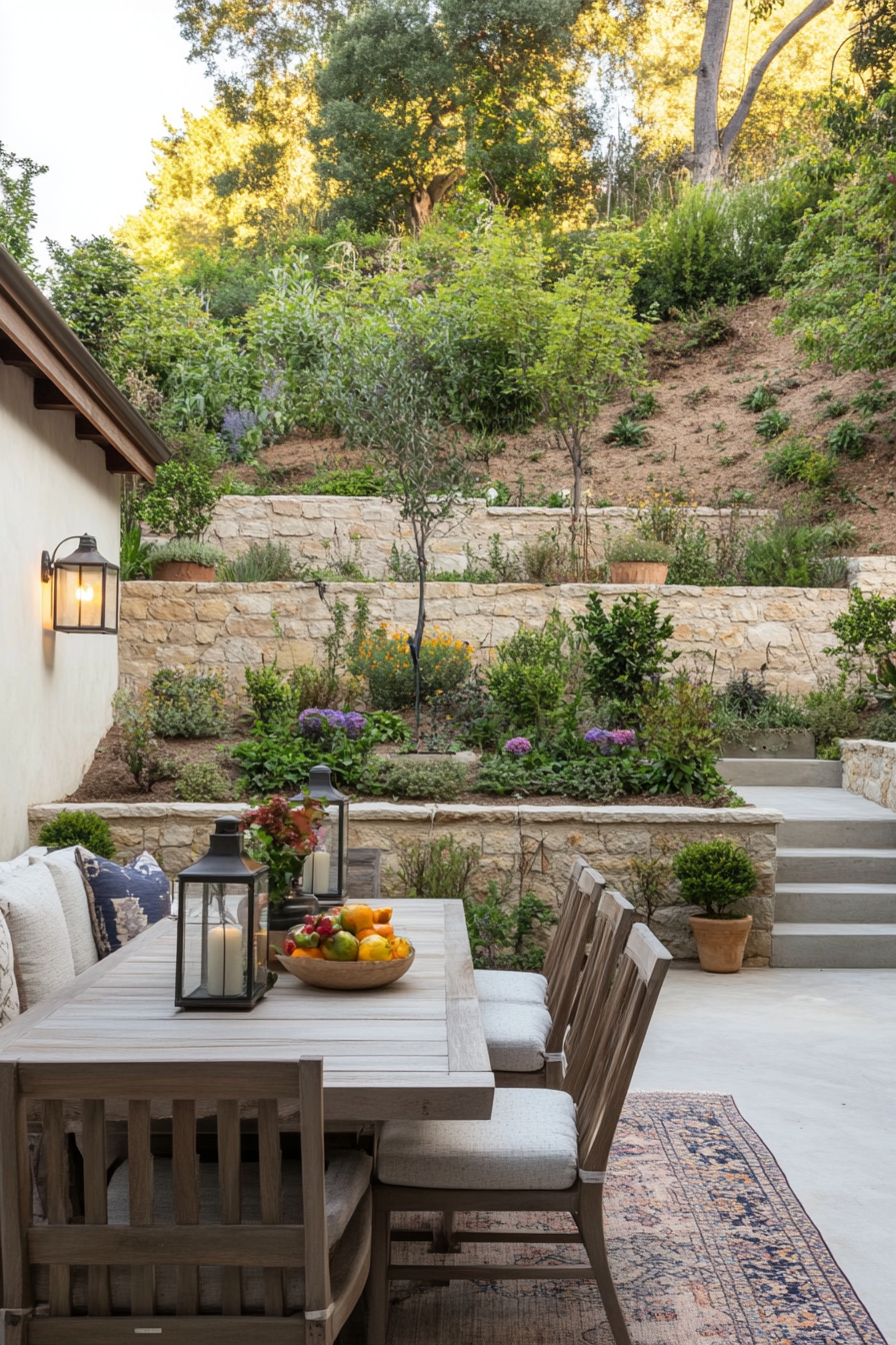 Terrace garden with layered levels and various plants