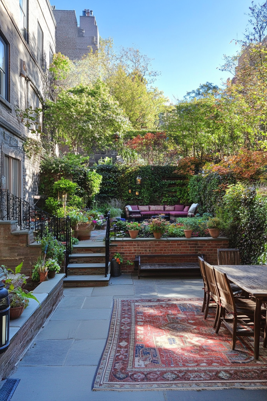 Terrace garden with layered levels and various plants