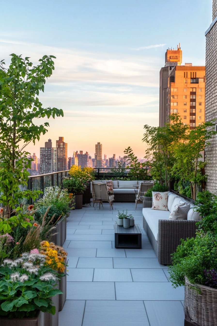 Rooftop garden with lightweight containers and hardy plants
