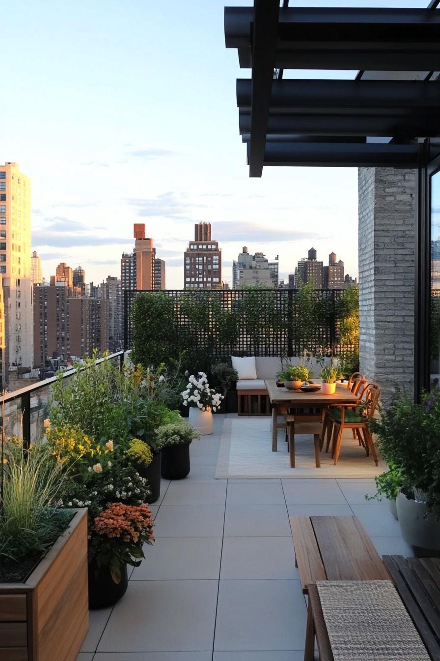 Rooftop garden with lightweight containers and hardy plants