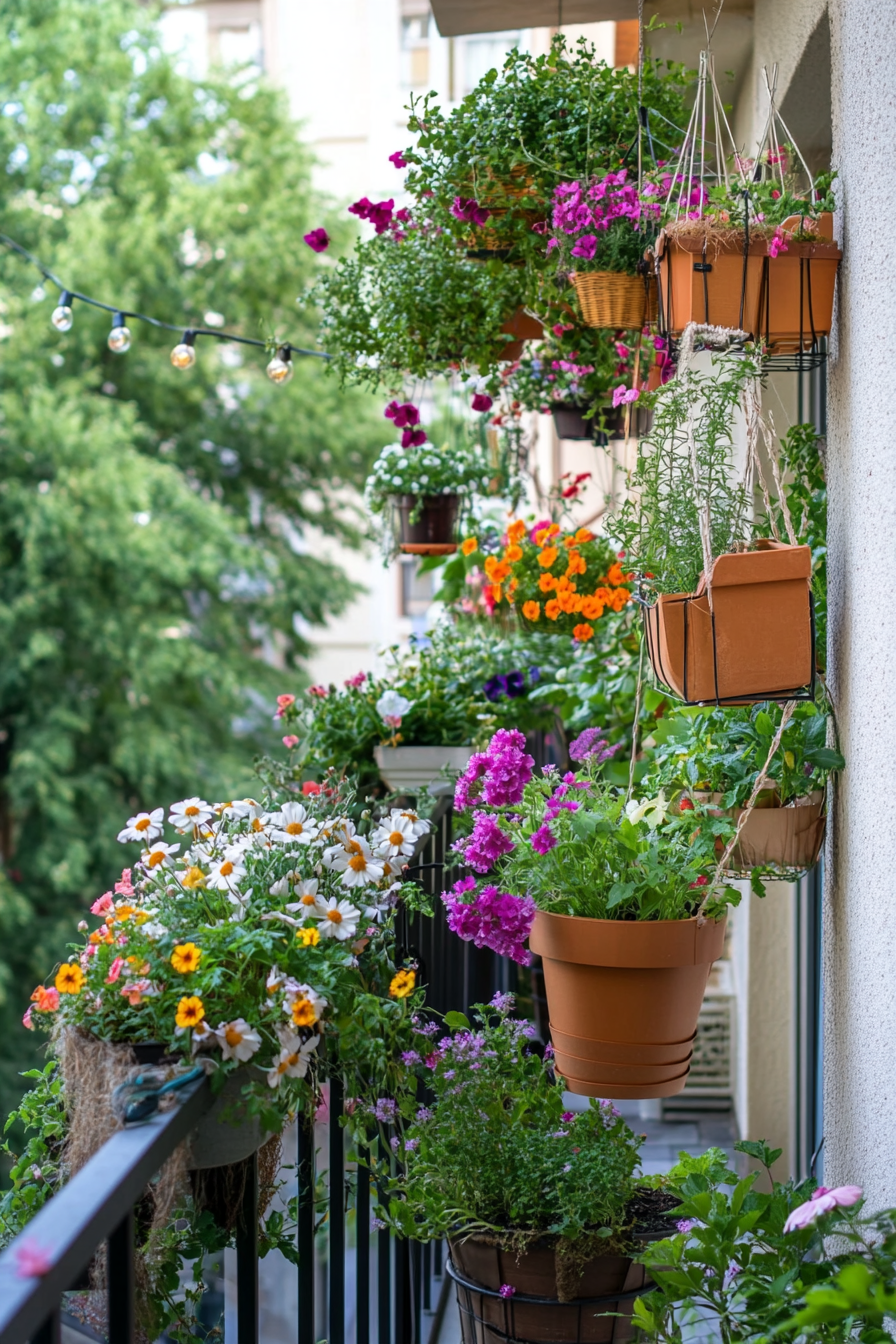 Balcony garden with hanging baskets and railing planters