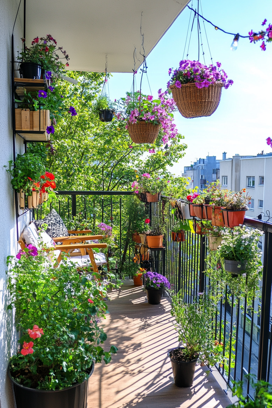 Balcony garden with hanging baskets and railing planters