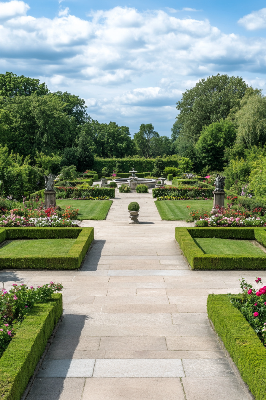Formal garden with geometric pathways and trimmed hedges