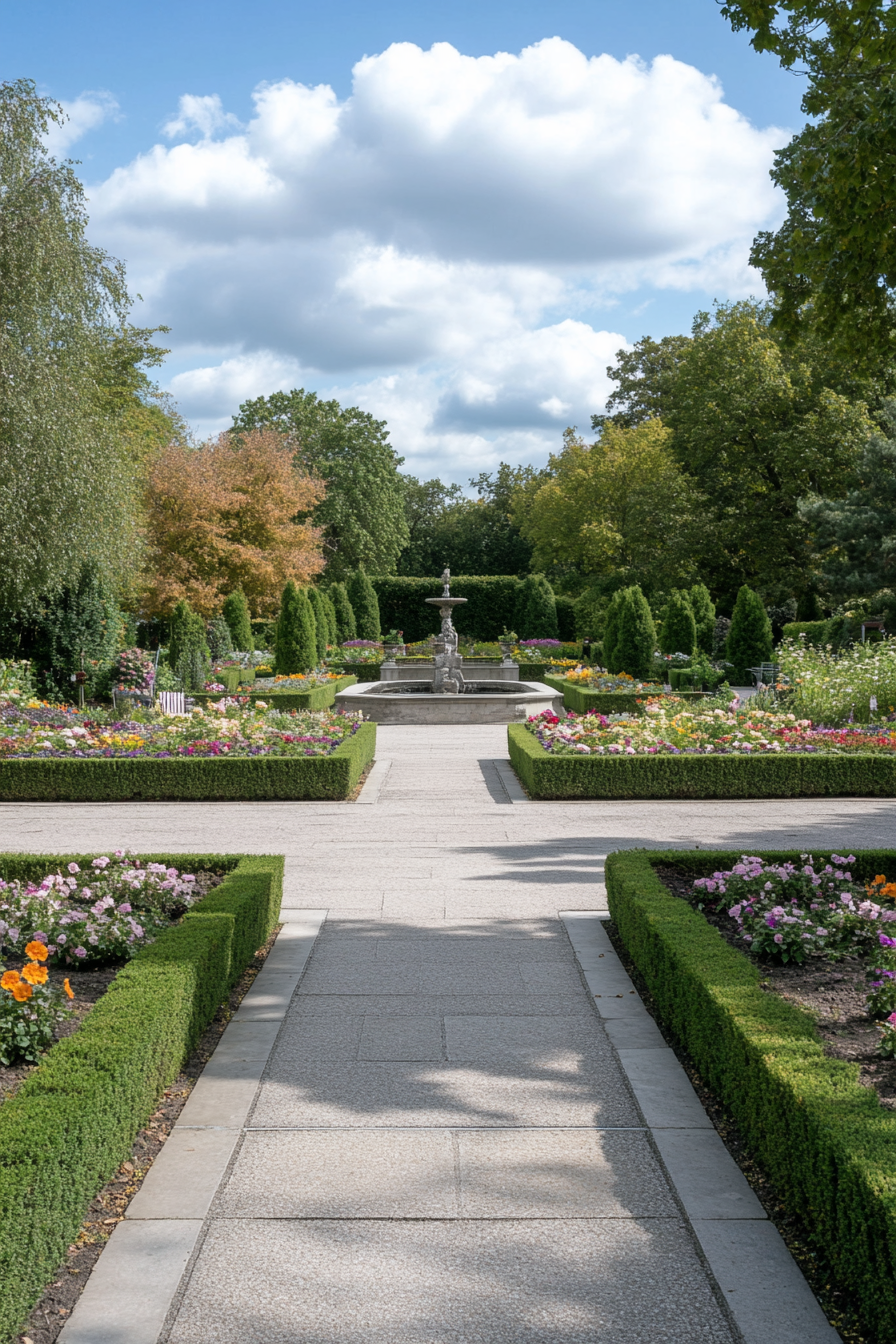 Formal garden with geometric pathways and trimmed hedges