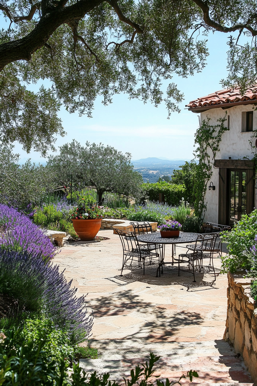 Mediterranean garden with olive trees, lavender, and bougainvillea