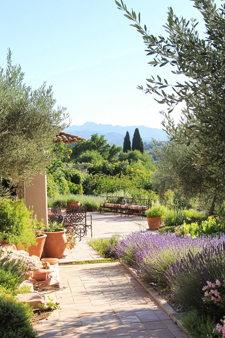 Mediterranean garden with olive trees, lavender, and bougainvillea