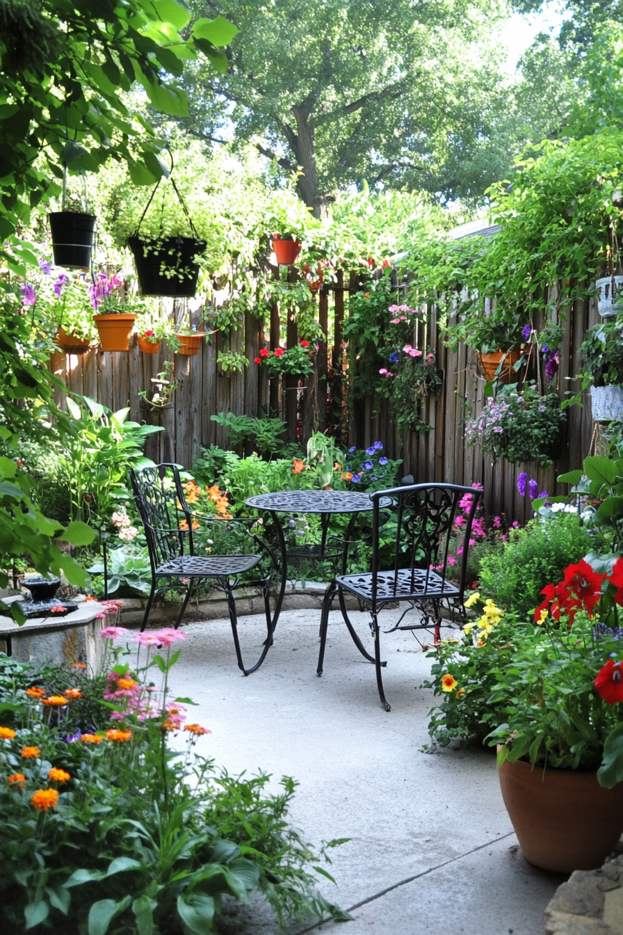 Small garden with vertical plant stands and hanging baskets