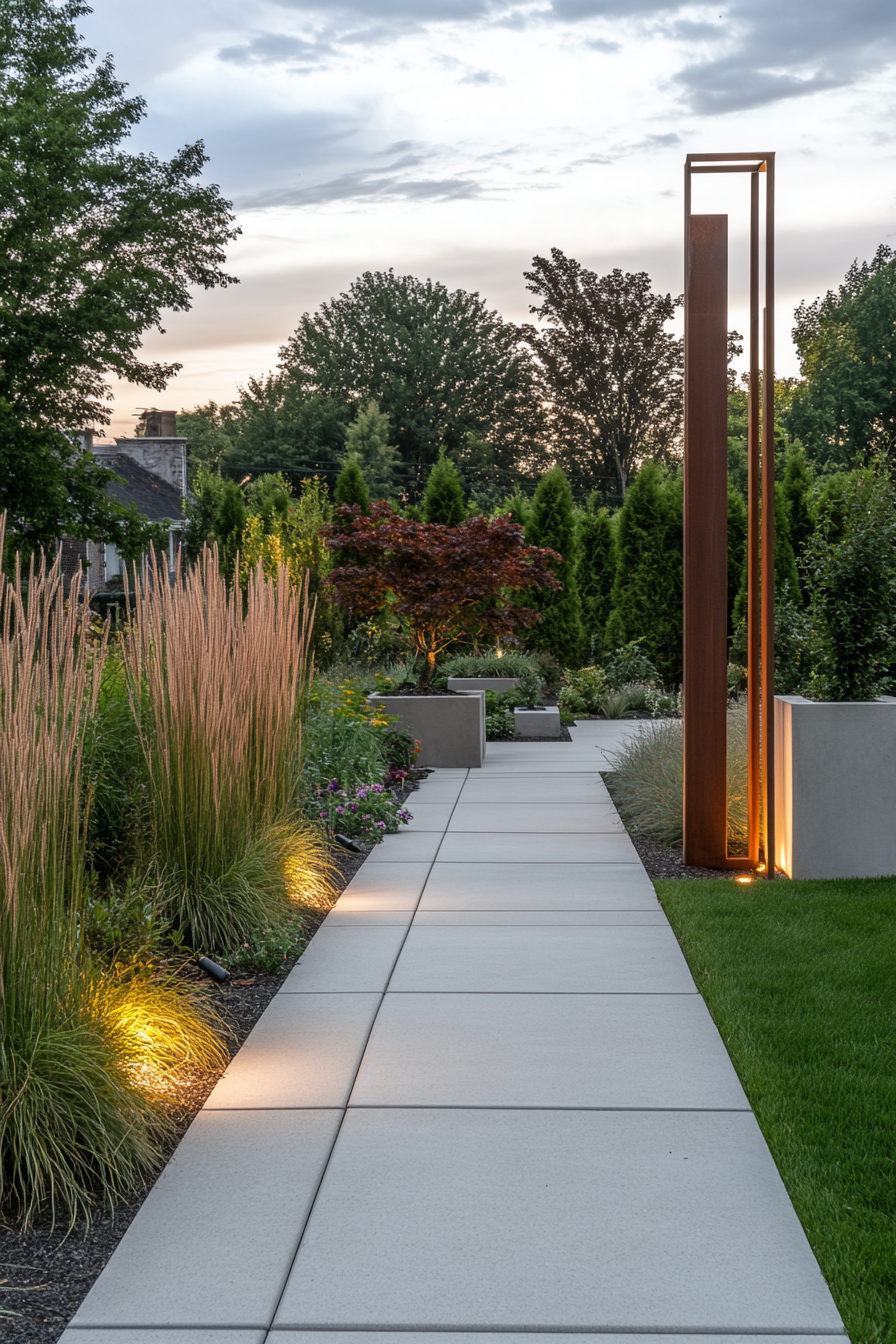 Modern garden with geometric pathways and concrete planters