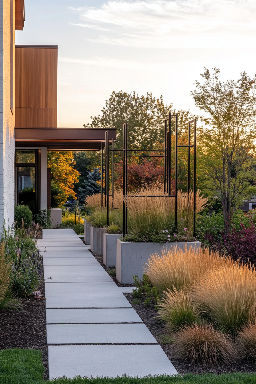 Modern garden with geometric pathways and concrete planters