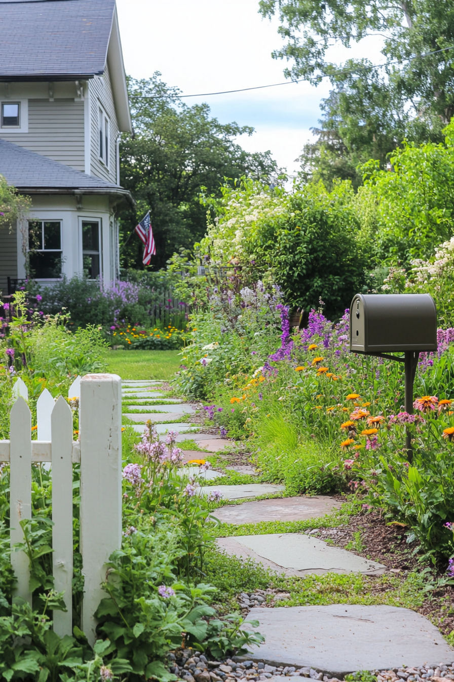 Front yard garden with a mix of evergreen shrubs and perennials