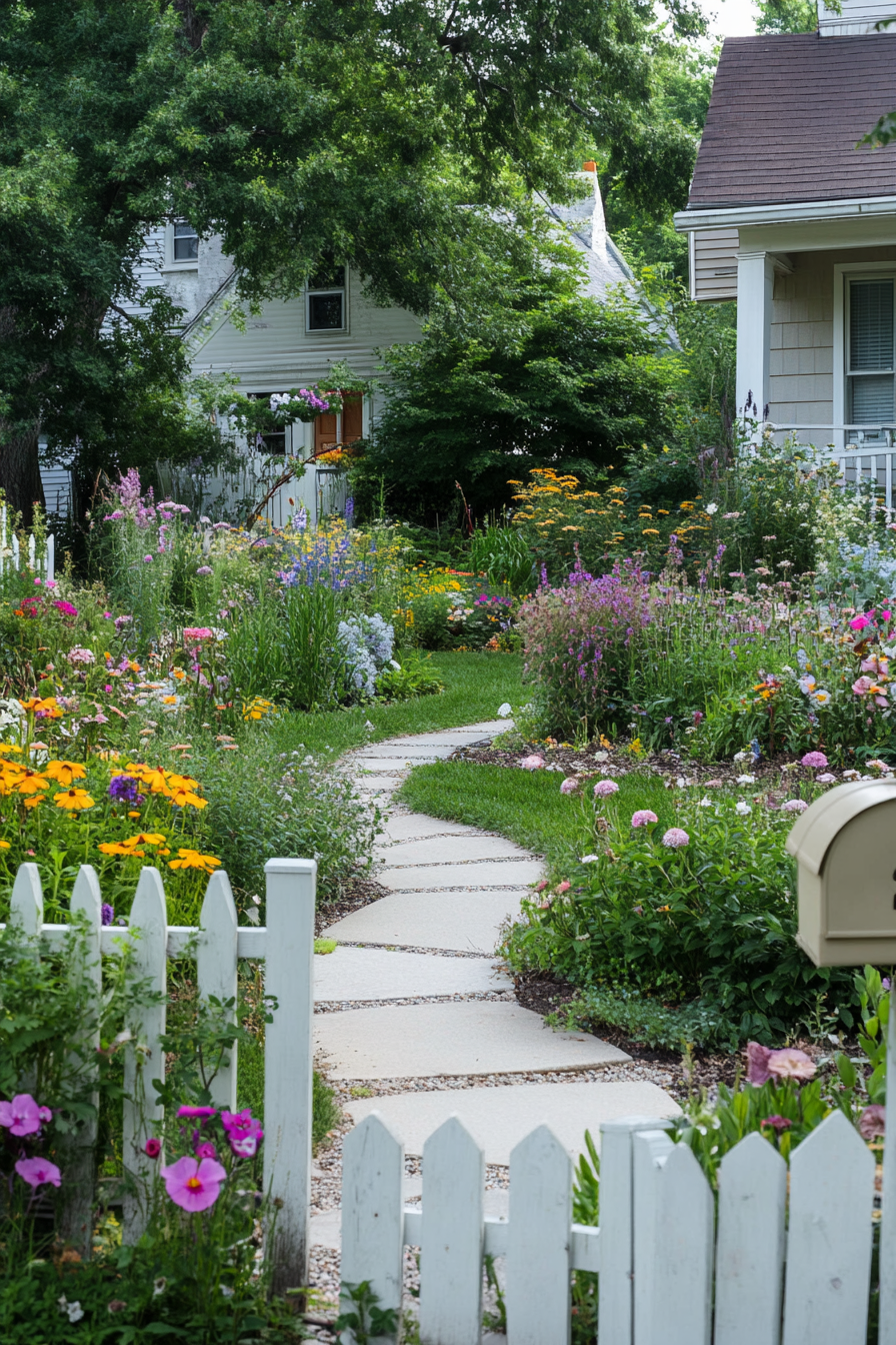 Front yard garden with a mix of evergreen shrubs and perennials