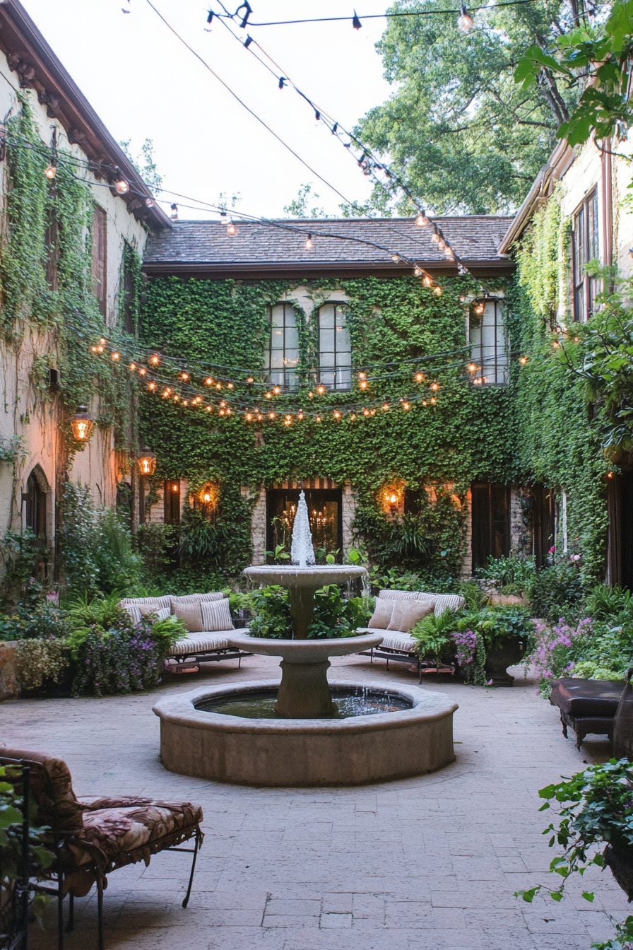 Courtyard garden with climbing plants and a central water fountain