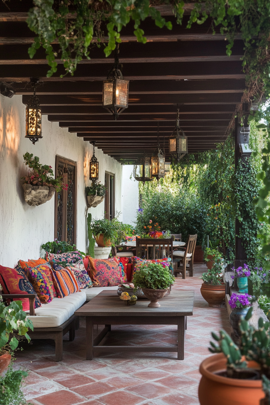 Patio garden with potted plants and stylish outdoor furniture
