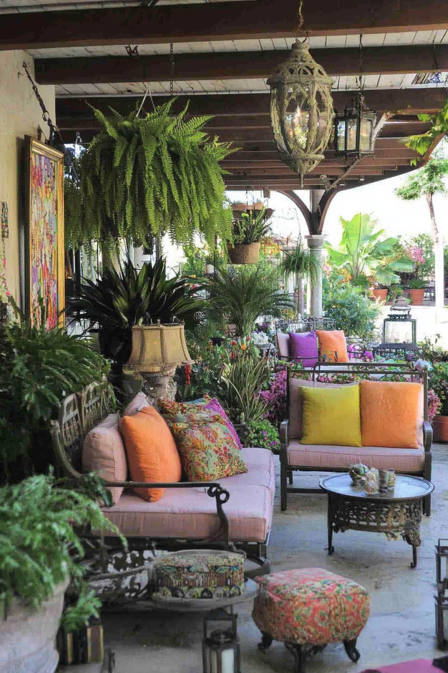 Patio garden with potted plants and stylish outdoor furniture