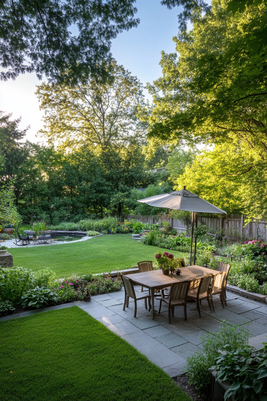 Backyard garden with zoned areas and a lush landscape