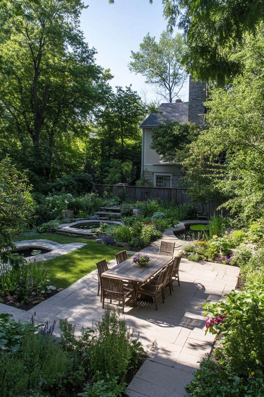 Backyard garden with zoned areas and a lush landscape