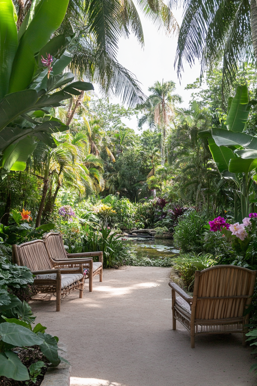 Tropical garden with large-leafed plants and colorful flowers