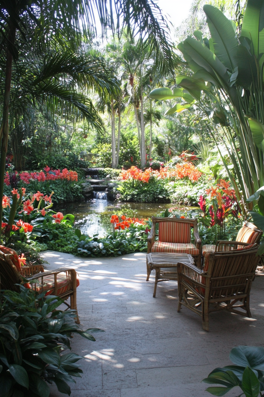 Tropical garden with large-leafed plants and colorful flowers