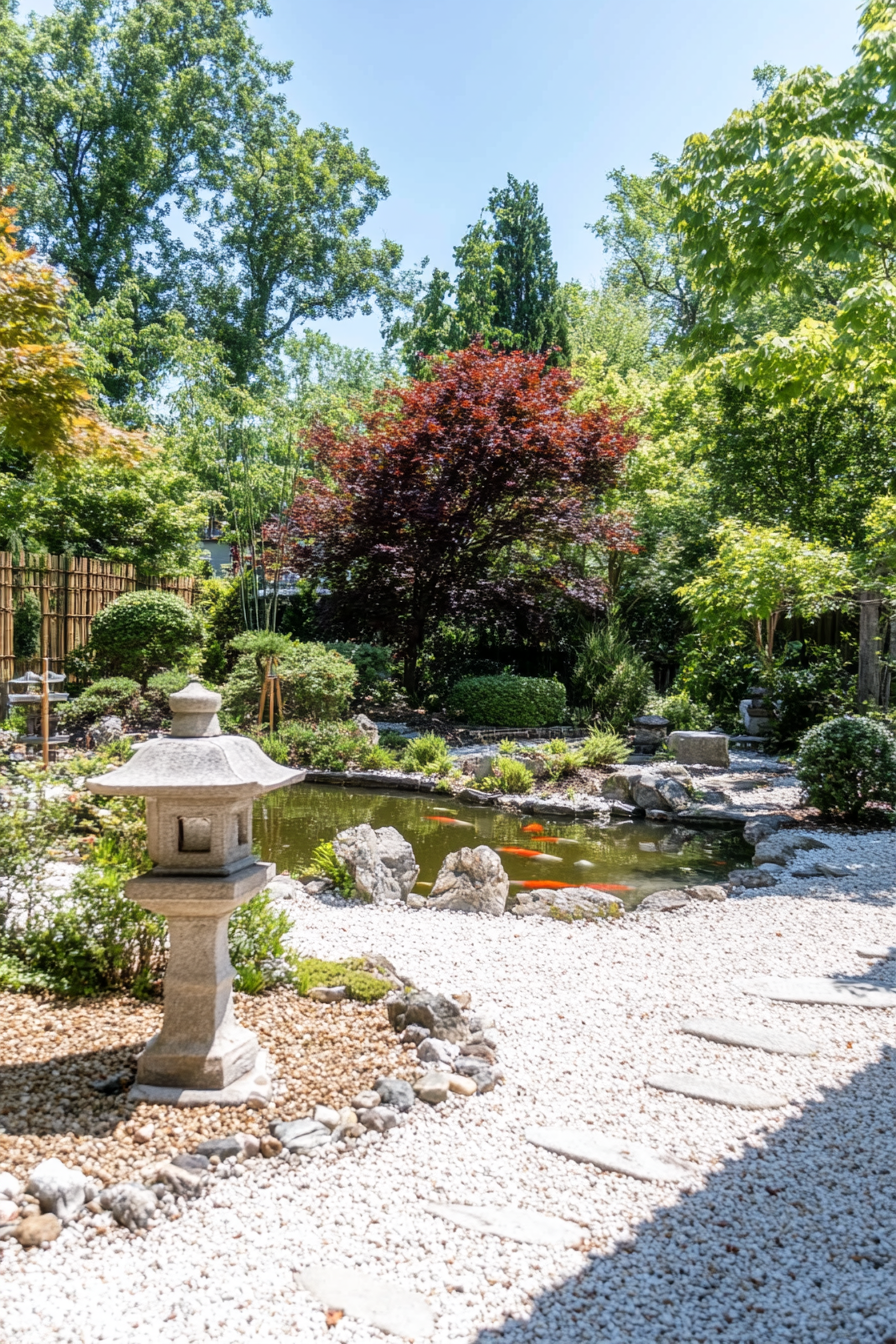 Japanese garden with a koi pond and stone lanterns
