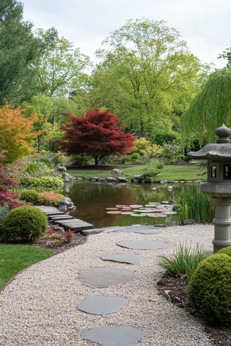 Japanese garden with a koi pond and stone lanterns