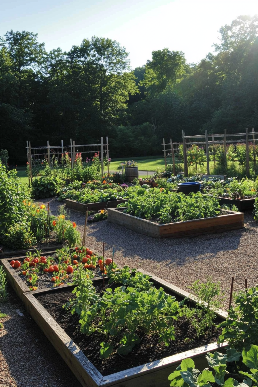 Vegetable garden with raised beds and a variety of vegetables