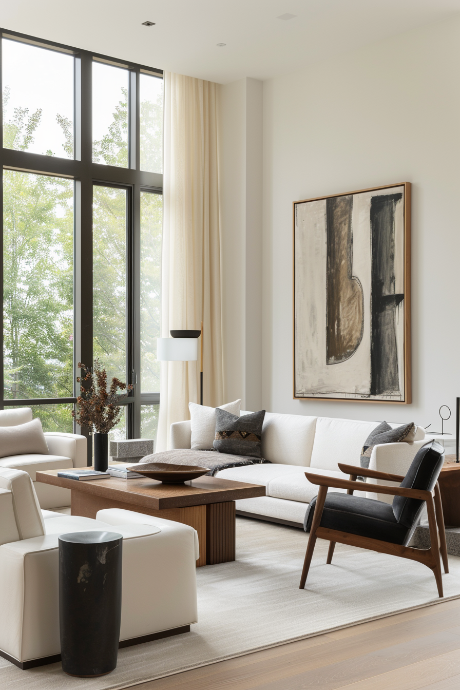 Contemporary painting and sculptures in a living room