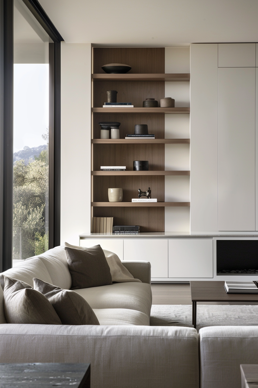Built-in cabinets and open shelves in a living room