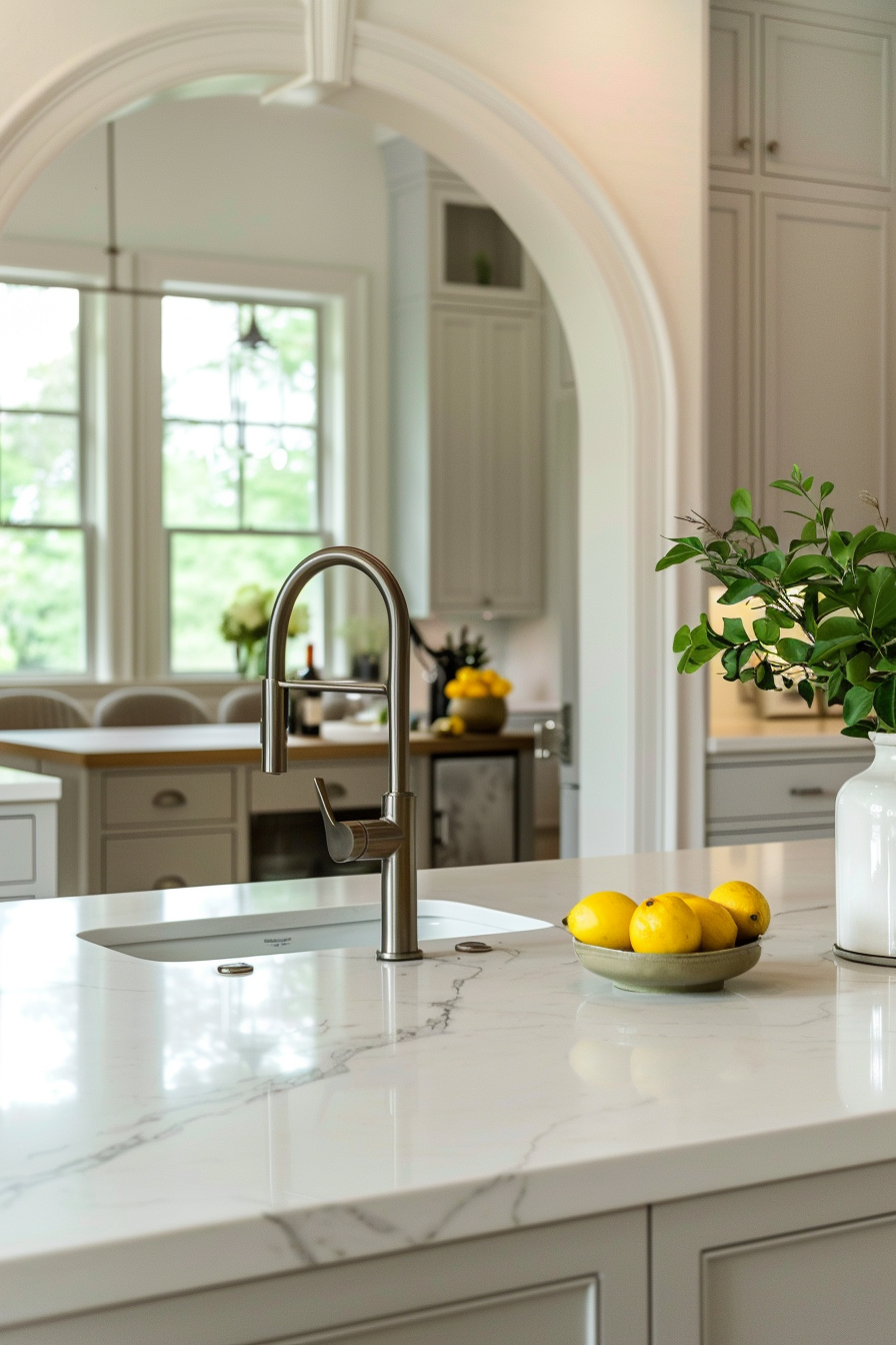 Marble countertop and sleek bar stools in a modern kitchen