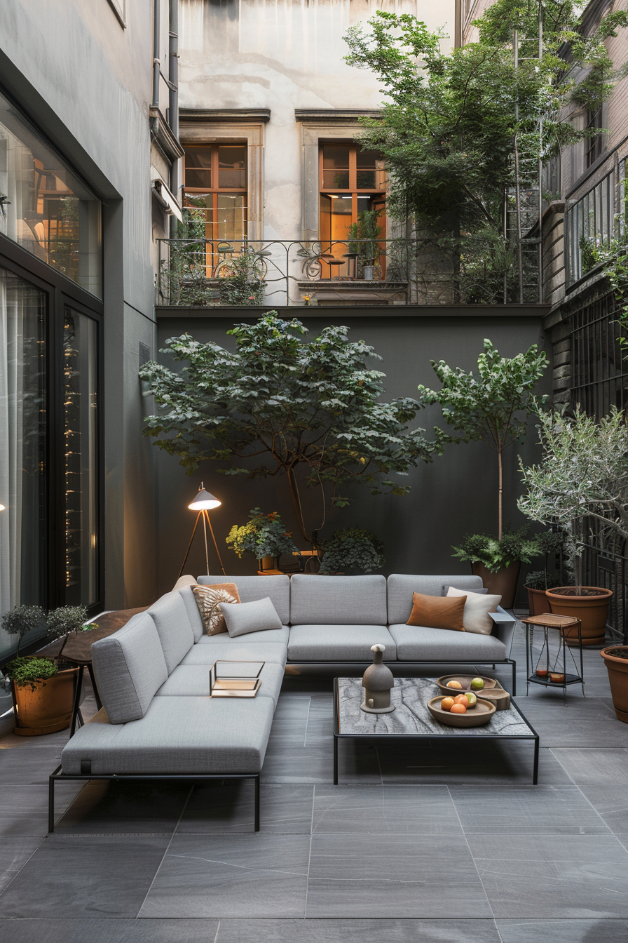 Outdoor rug and lanterns on a modern patio