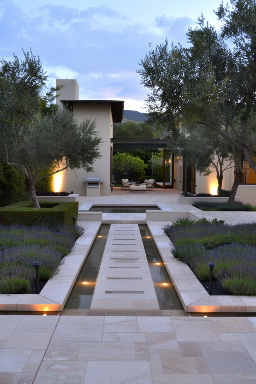 Olive trees and lavender in an Italian garden