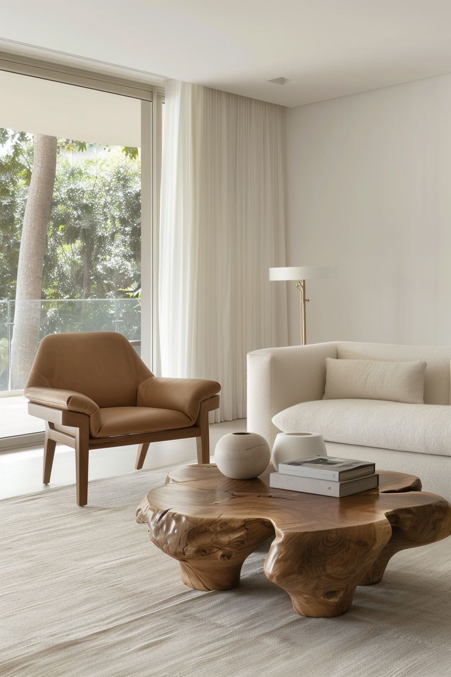 Handcrafted wooden table in a modern living room
