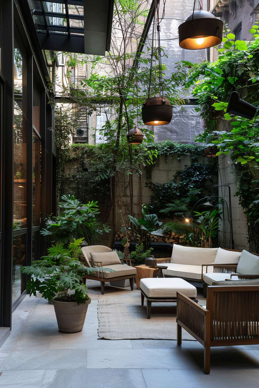 Hanging plants and living wall in a modern patio