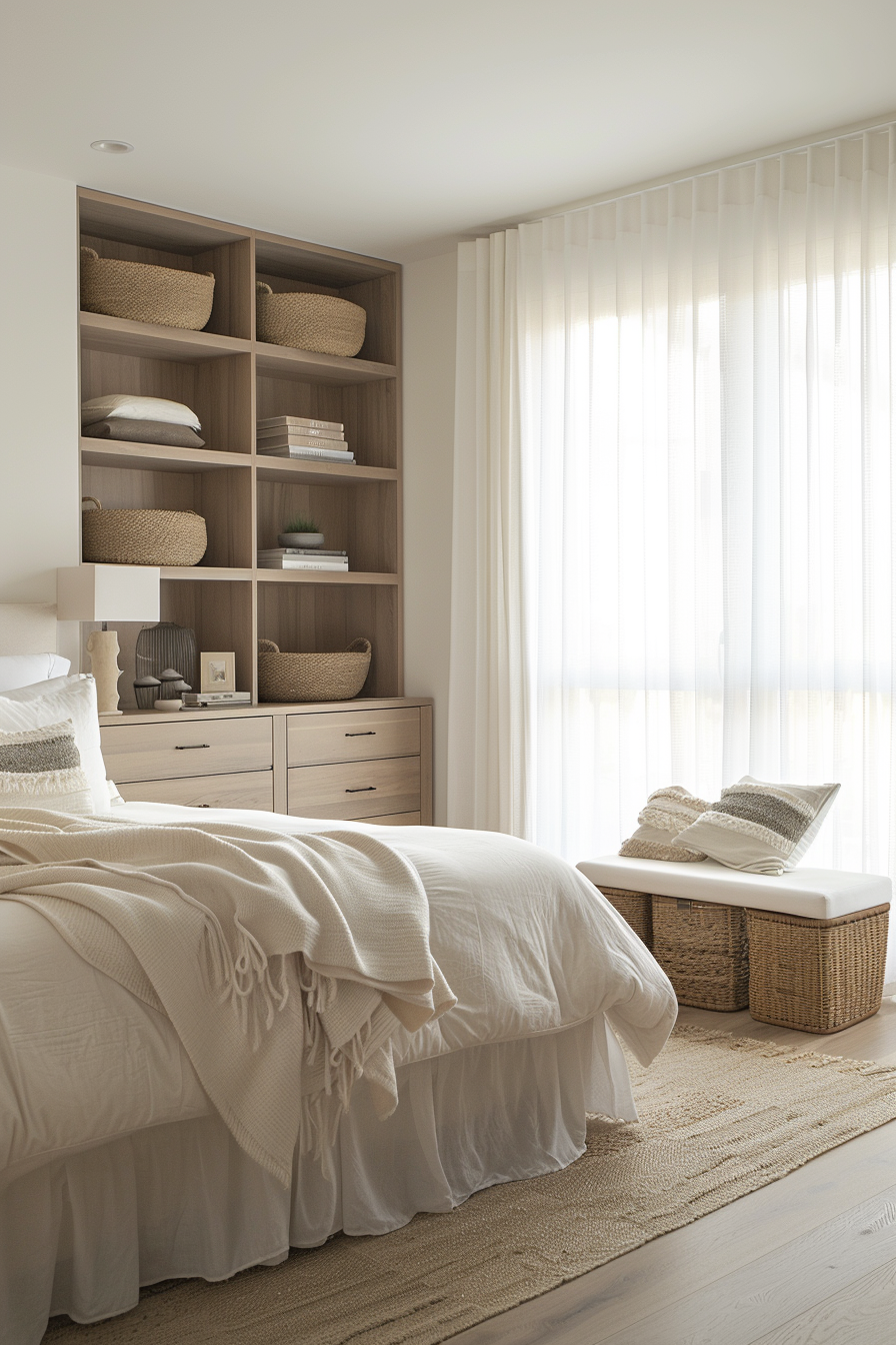 Open shelving and stylish baskets for storage in a modern bedroom